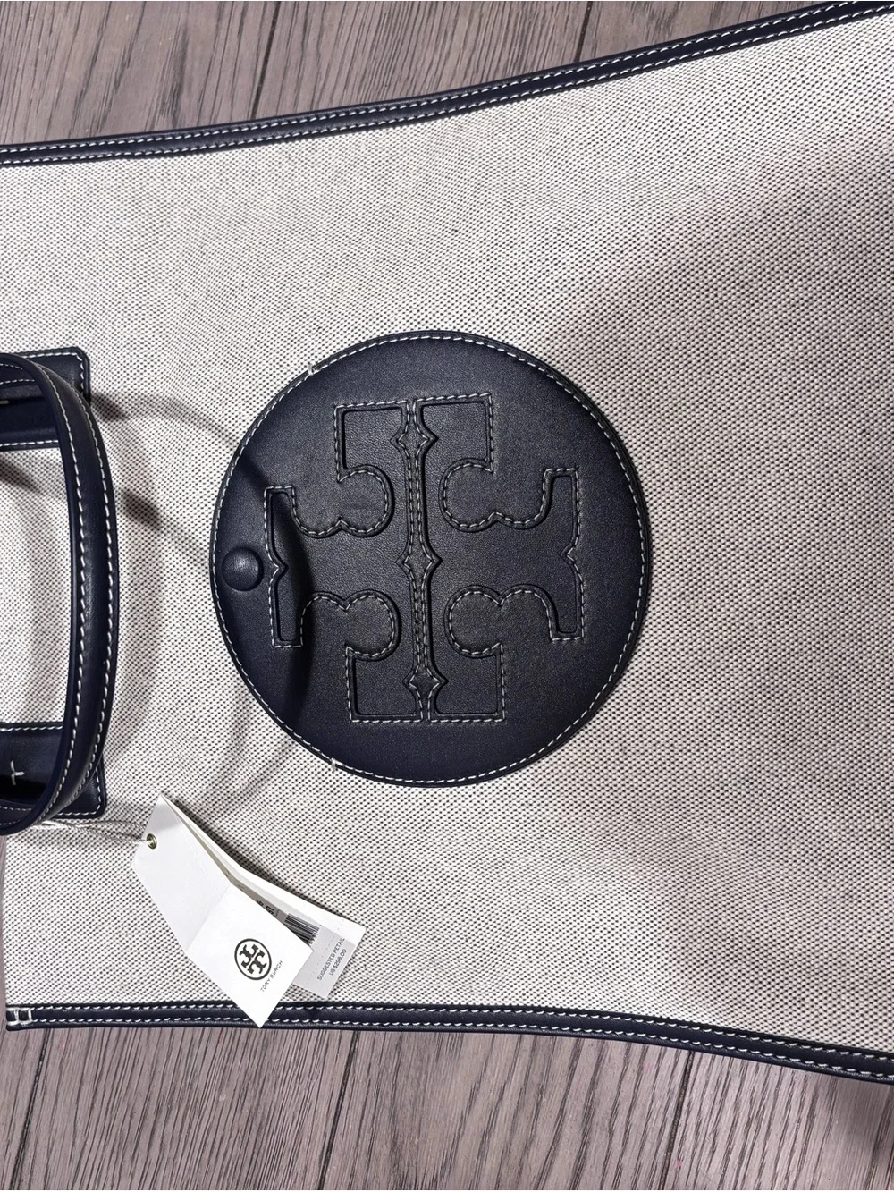 Tory Burch Cream Canvas Tote with Navy Leather Logo